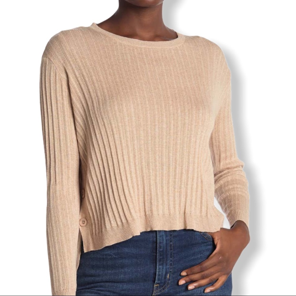 Cotton‎ Emporium tan side button crew neck sweater